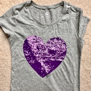 Gray Justice T shirt with heart design & sequins.